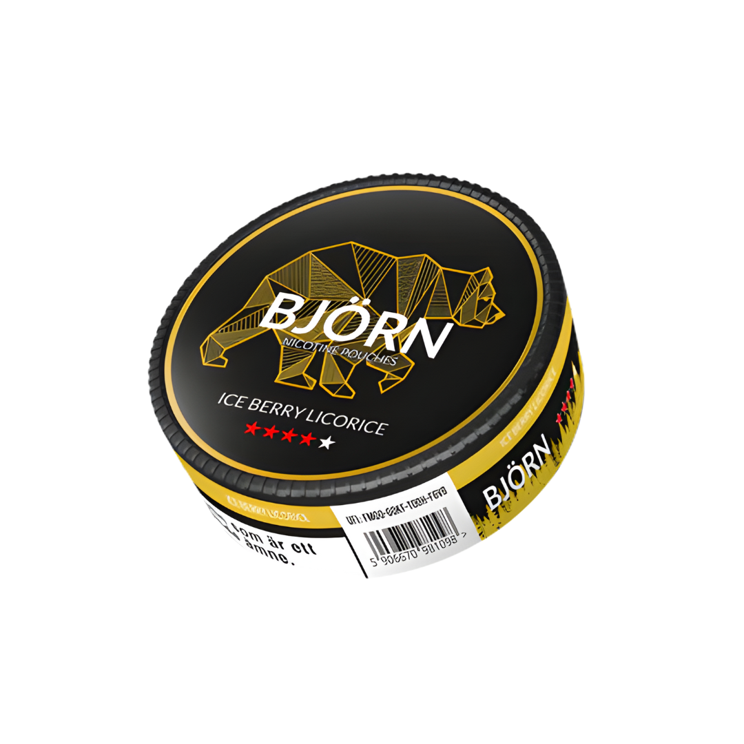 Side view of the round black and yellow snus can featuring a gold logo and label text on a white background