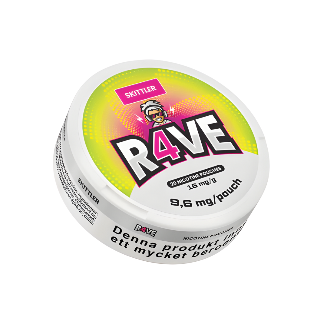 Detail close-up of Rave Skittler nicotine pouch packaging with bold yellow and pink colors.