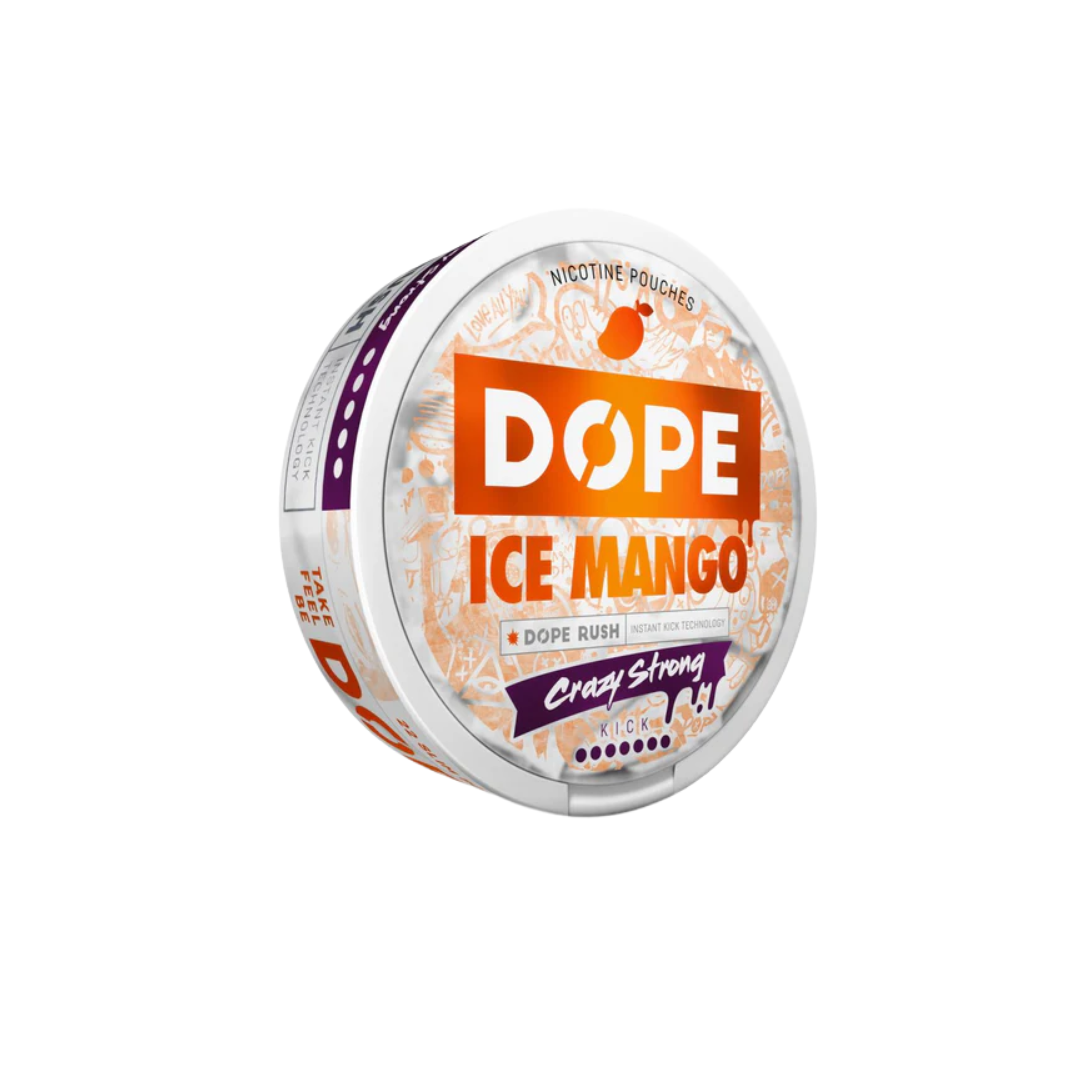 Front view of Dope Ice Mango in a circular container featuring a vibrant orange and purple label.