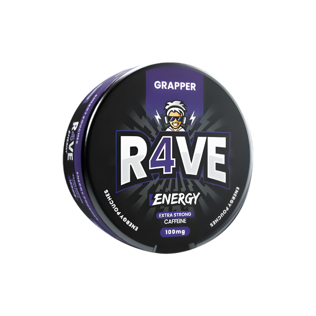 Front view of a round black and purple energy supplement canister with bold text and graphic design.