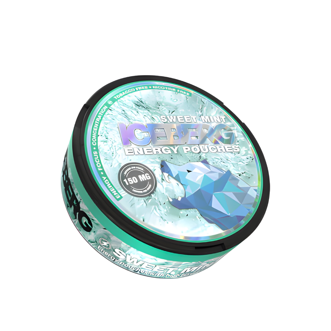 Front view of Iceberg Energy Sweet Mint packaging featuring turquoise and white colors with a polar bear graphic.