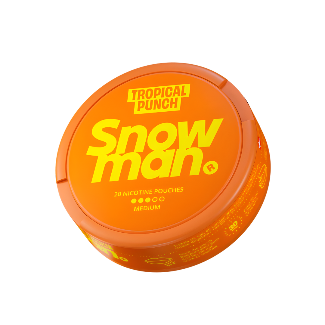 Detail close-up of the orange round container featuring bold text and label design on a white background