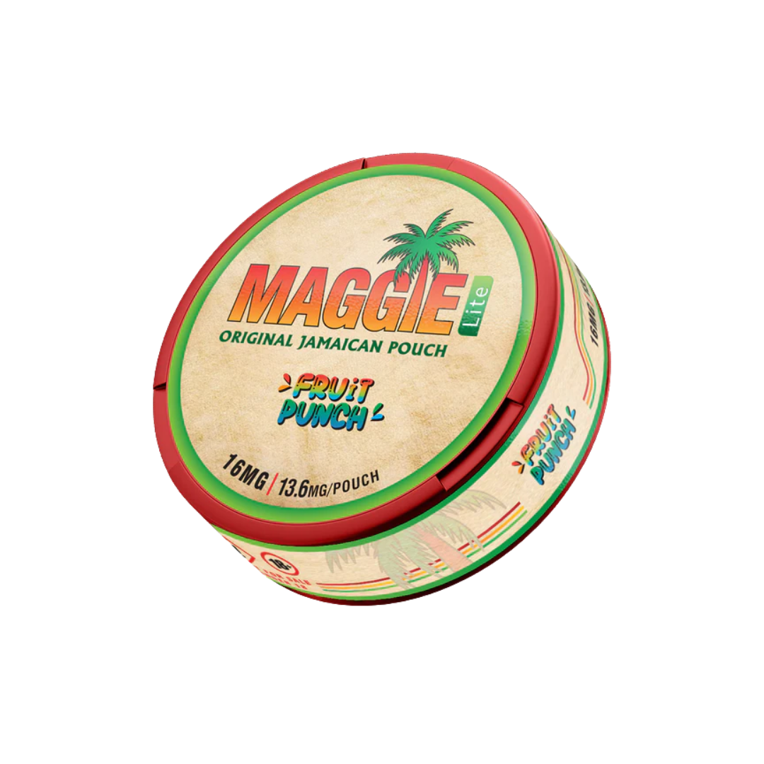 Detail close-up of Maggie Fruit Punch nicotine pouch in a round tin with tropical theme, featuring red, green, and beige c…
