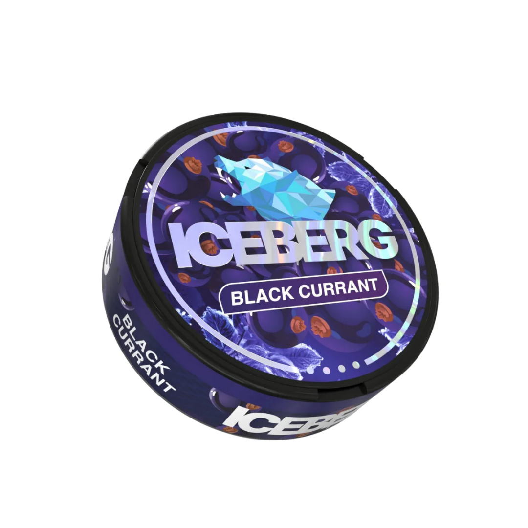 Detail close-up of the Iceberg Black Currant nicotine pouch can featuring a circular tin and vibrant graphic design.