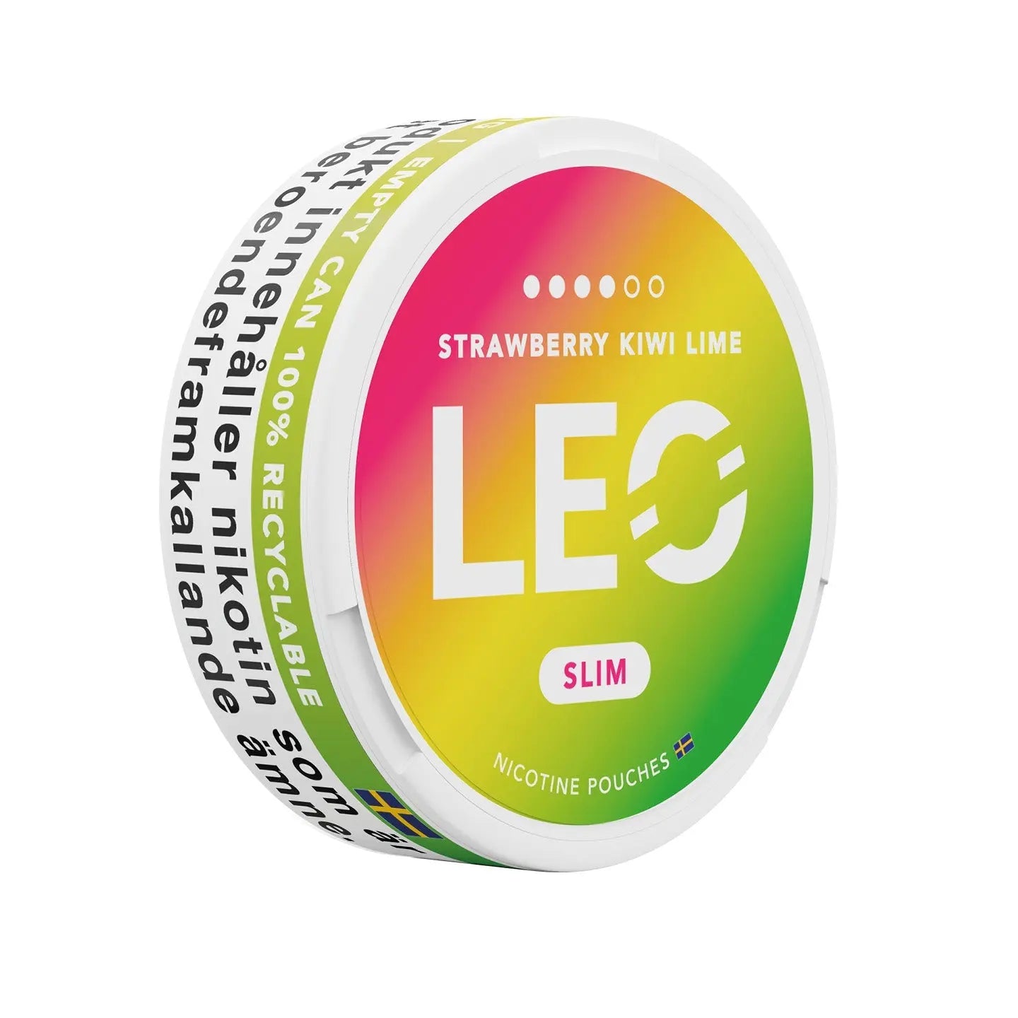Detail close-up of the LEO strawberry container with a circular design in pink, yellow, and green.