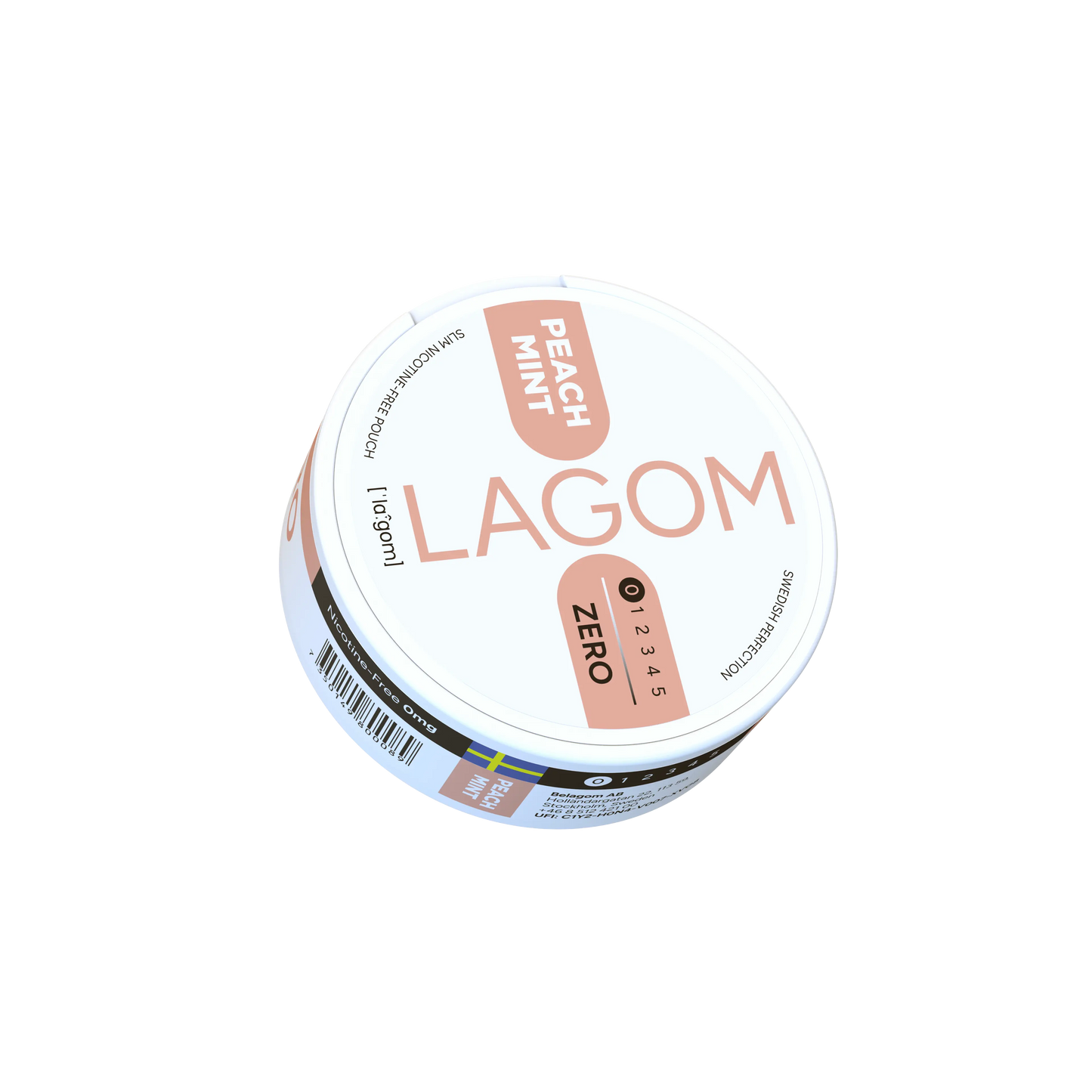 Detail close-up of Lagom Peach Mint 0mg in a round container with a minimalist label design, featuring peach and white col…