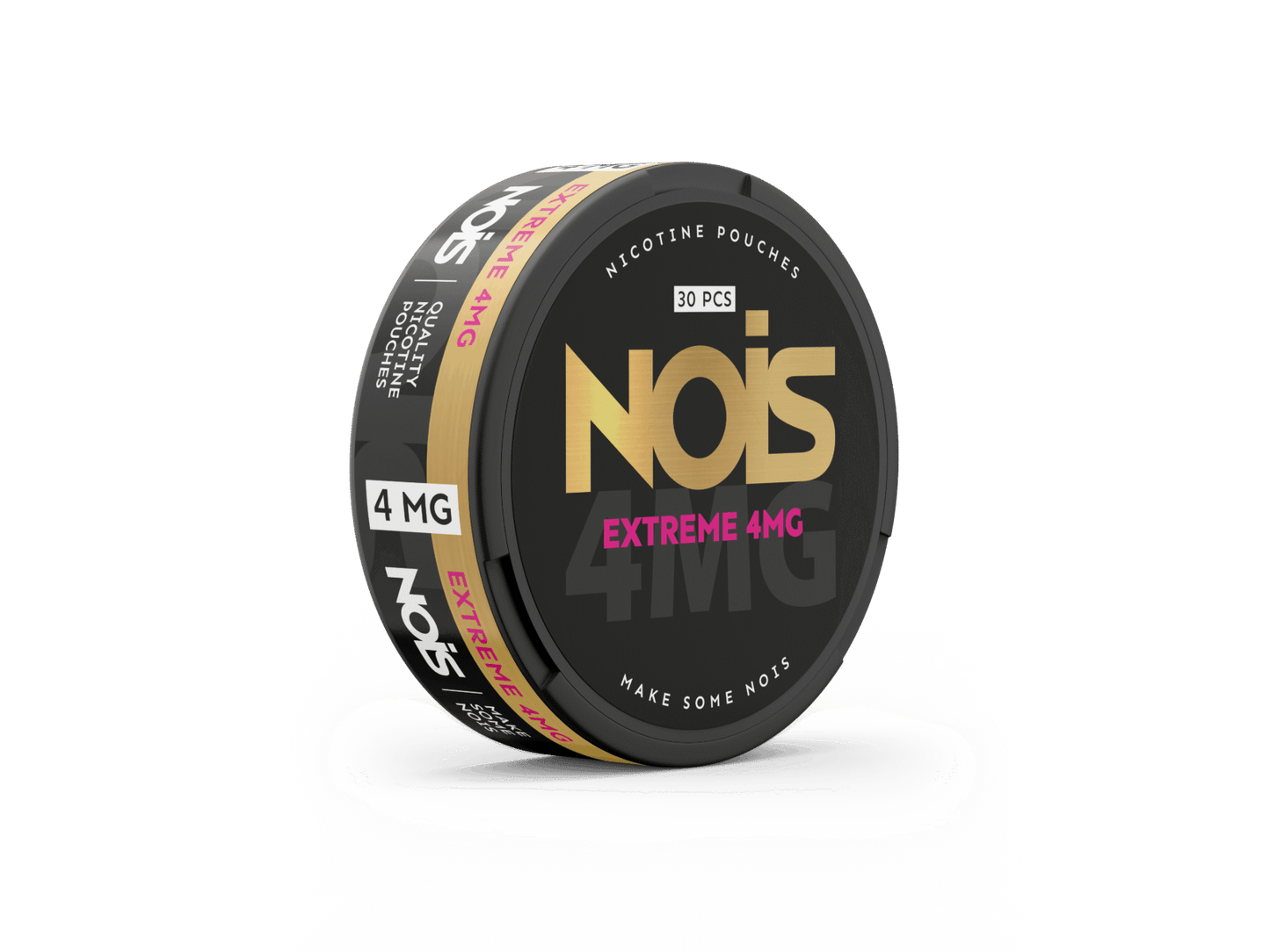 Side view of Nois Extreme 4mg pouch featuring minimalist black, gold, and pink design.