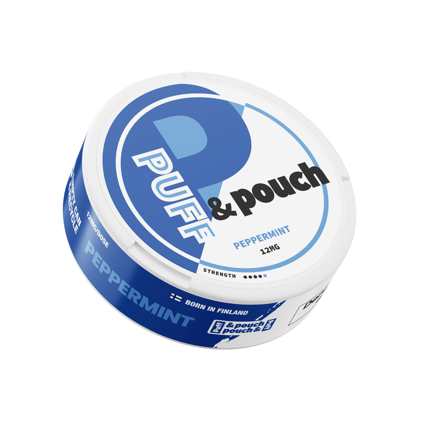 Front view of a circular tin container with a blue and white label design, featuring a screw top.