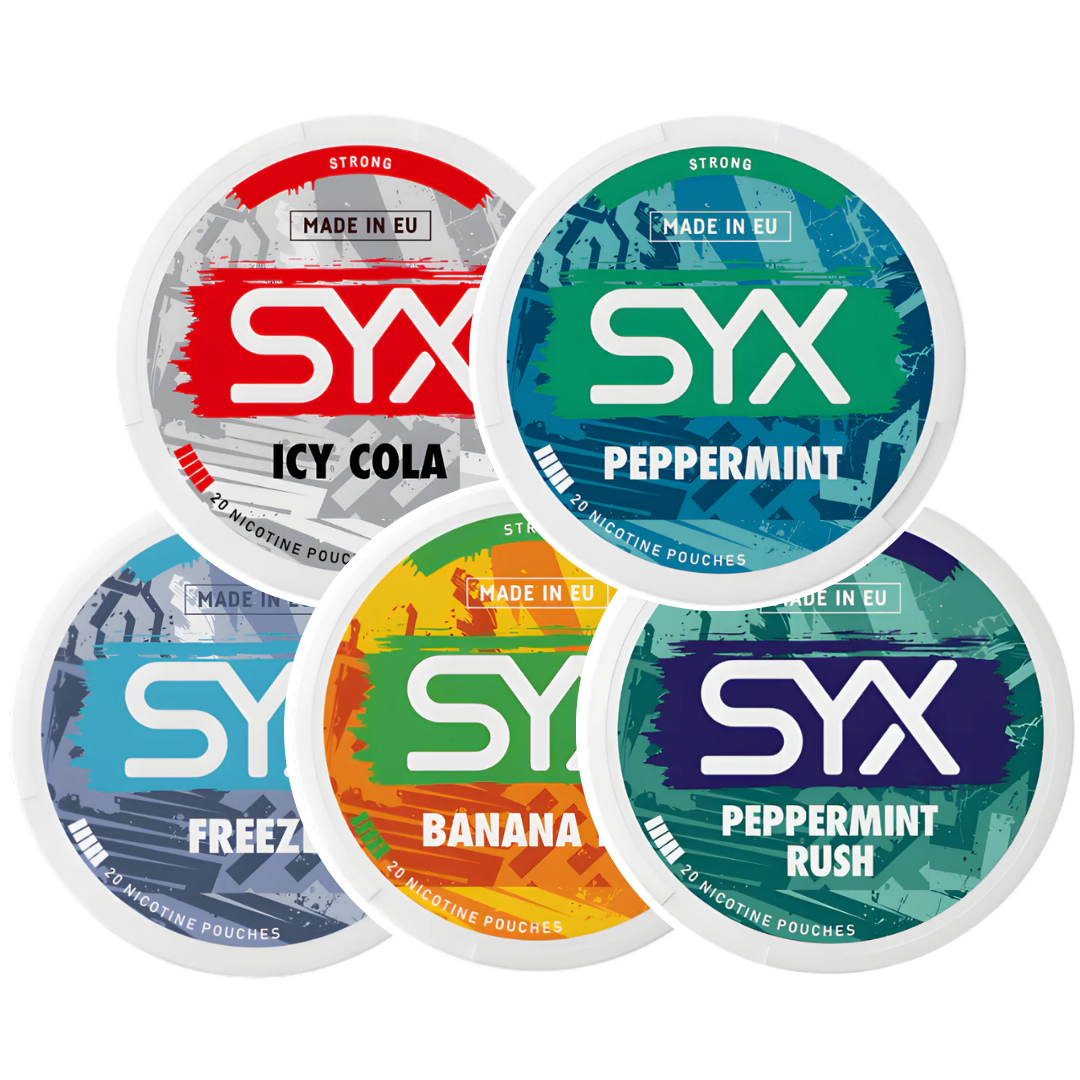 Variety of SYX products in circular containers featuring blue, green, orange, and red colors on a white background.
