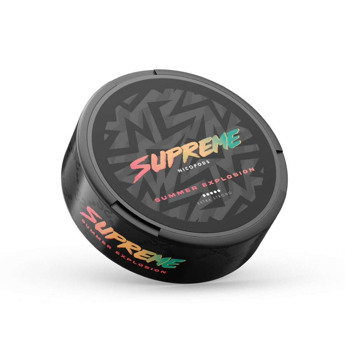Side view of a black container of Supreme Summer Explosion Snus featuring a colorful logo and patterned lid on a white bac…