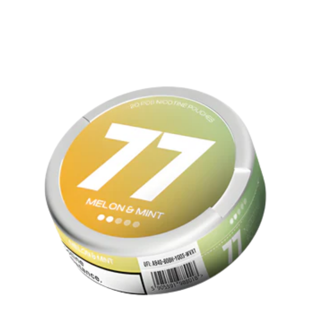 Detail close-up of the circular can featuring a gradient design in yellow and green with the number 77.