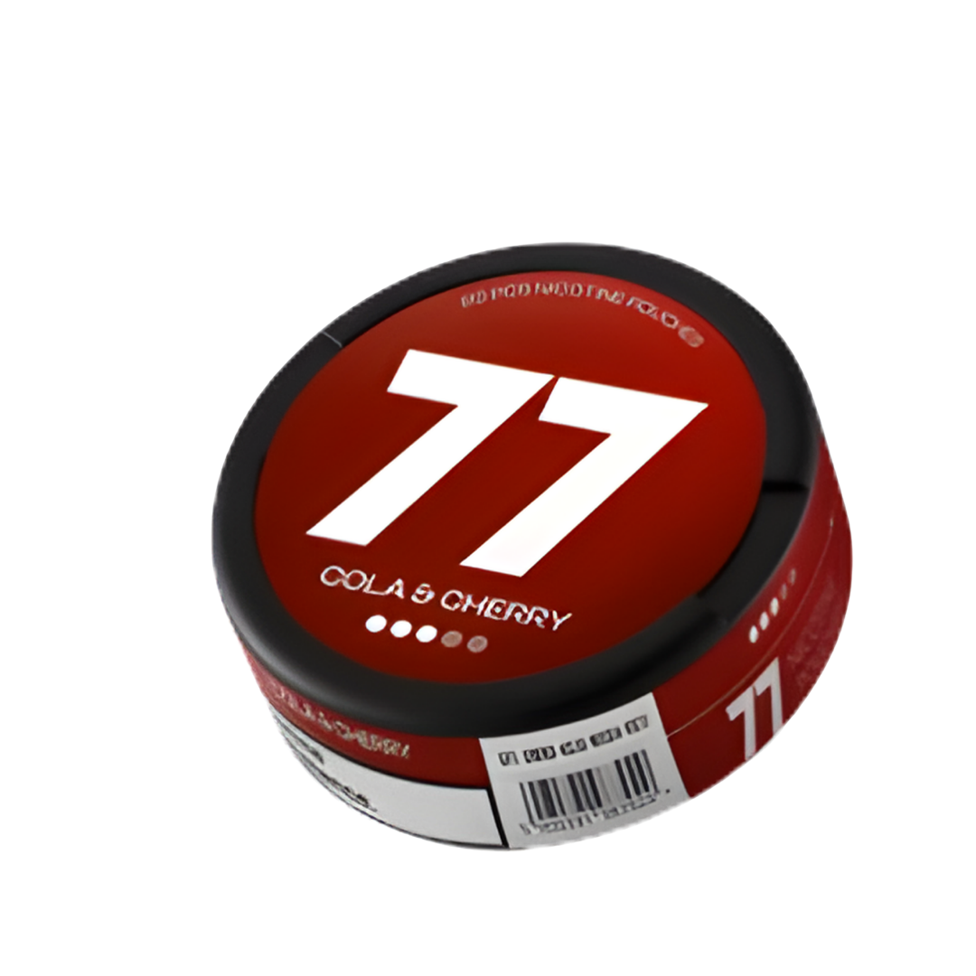 Front view of the red cola-cherry can featuring the large number 77 and a circular shape on a transparent background.