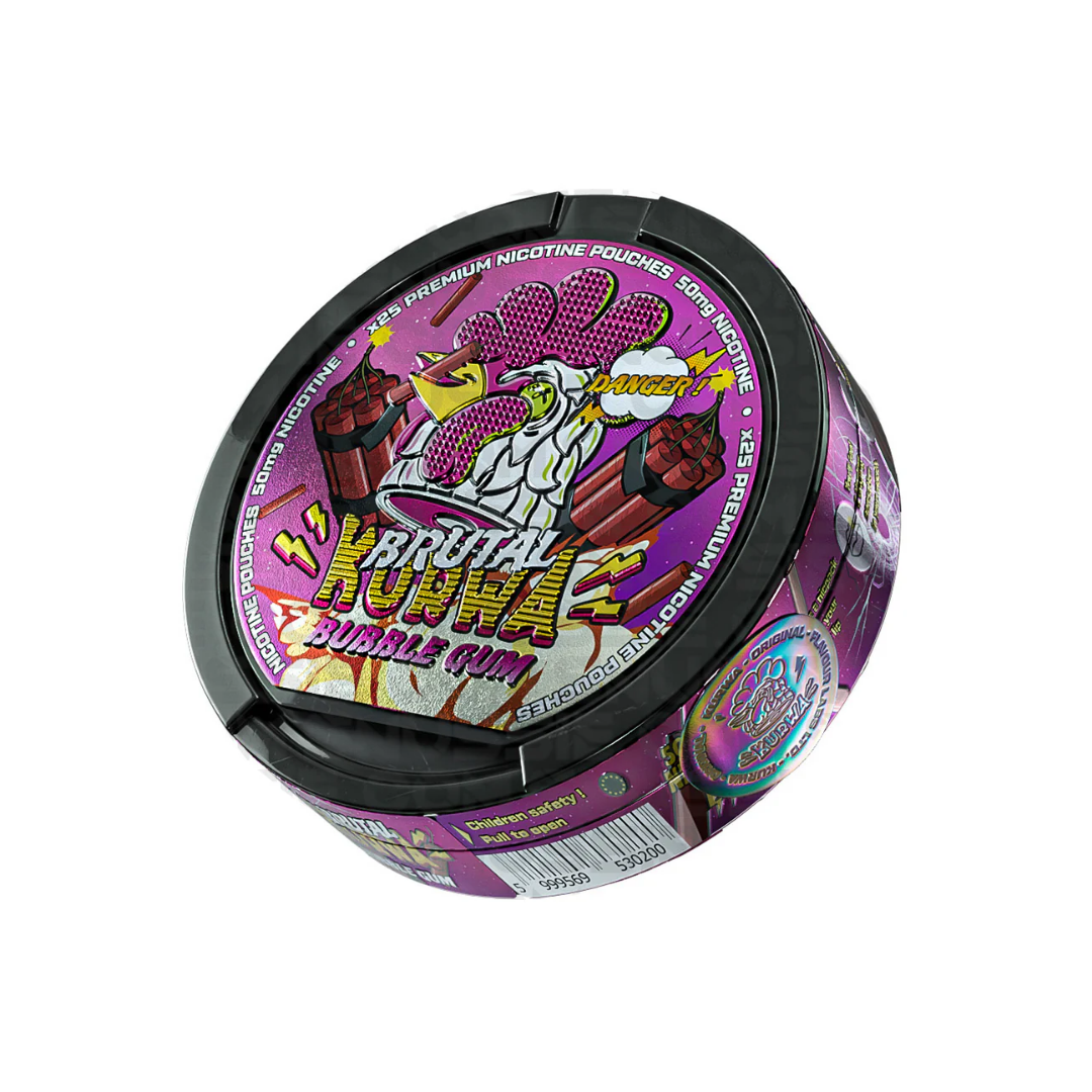 Side view of a purple and black decorative container with graphic design and screw top