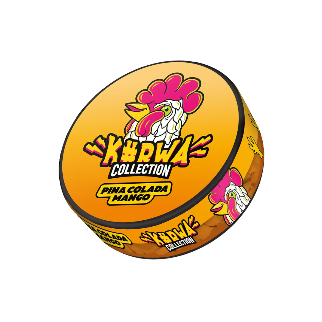 Front view of the Kurwa Pina Colada Mango snus can featuring vibrant orange, yellow, and pink colors with a round design.