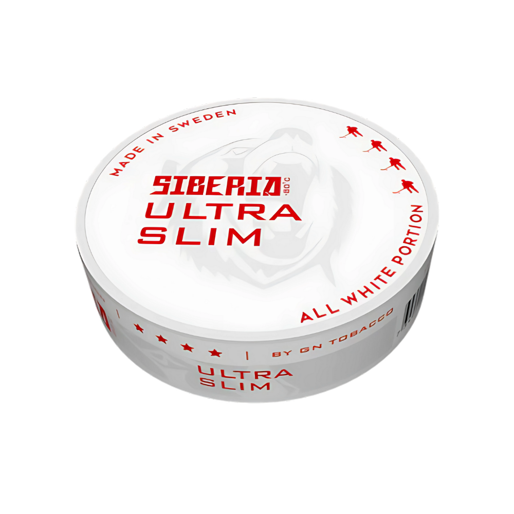 Detail close-up of the white round container with red text branding showcasing Siberia All White Ultra Slim.