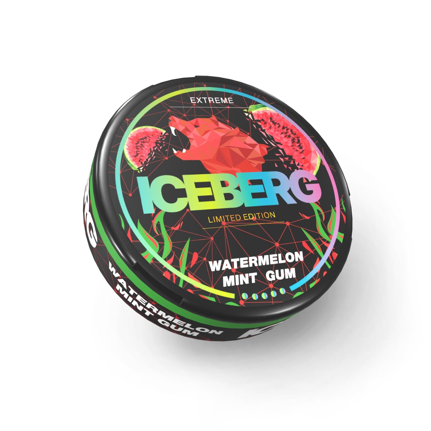 Detail close-up of colorful circular tin of watermelon mint gum featuring brand logo on a white background