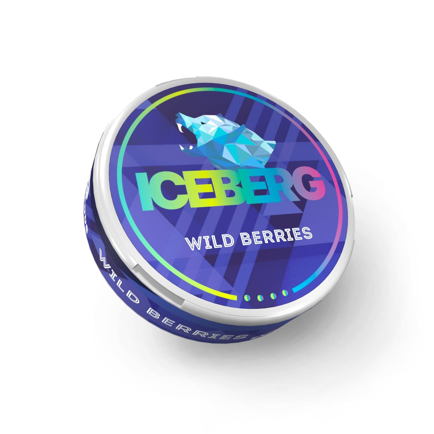 Detail close-up of a circular tin container featuring a colorful logo in blue, purple, and white.