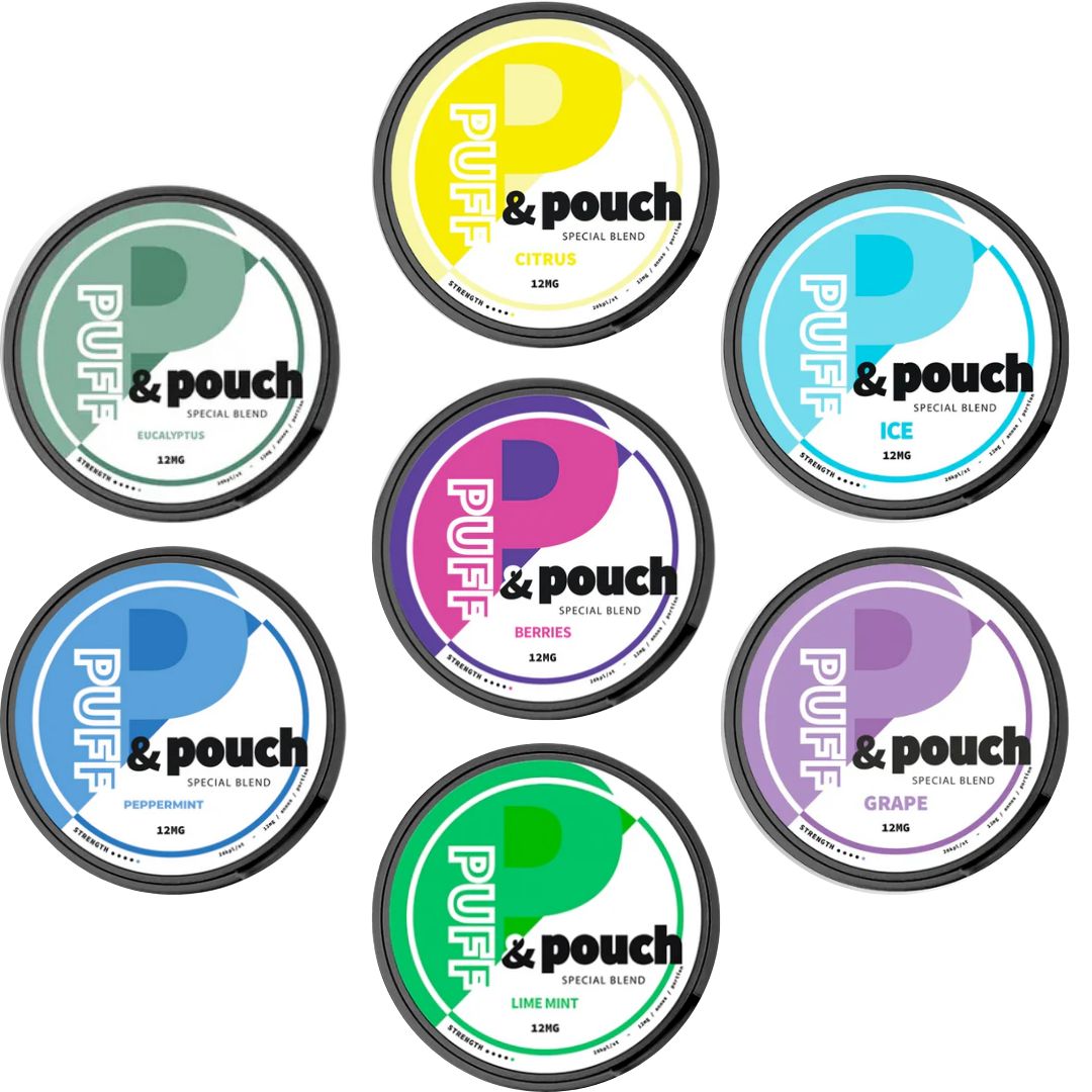 Detail close-up of colorful round containers labeled Puff & Pouch Special Blend on a white background.