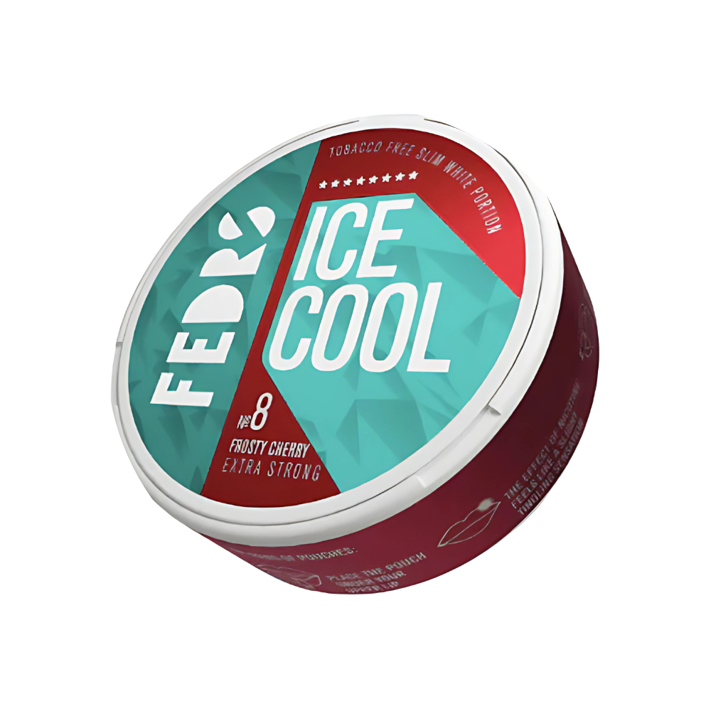 Front view of the round snus can featuring a red and turquoise label that indicates cherry flavor.