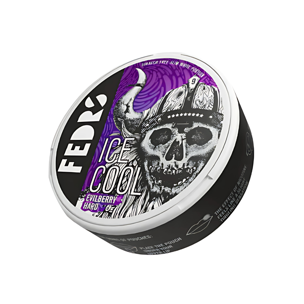 Side view of a black and purple circular container featuring a skull design and screw top.