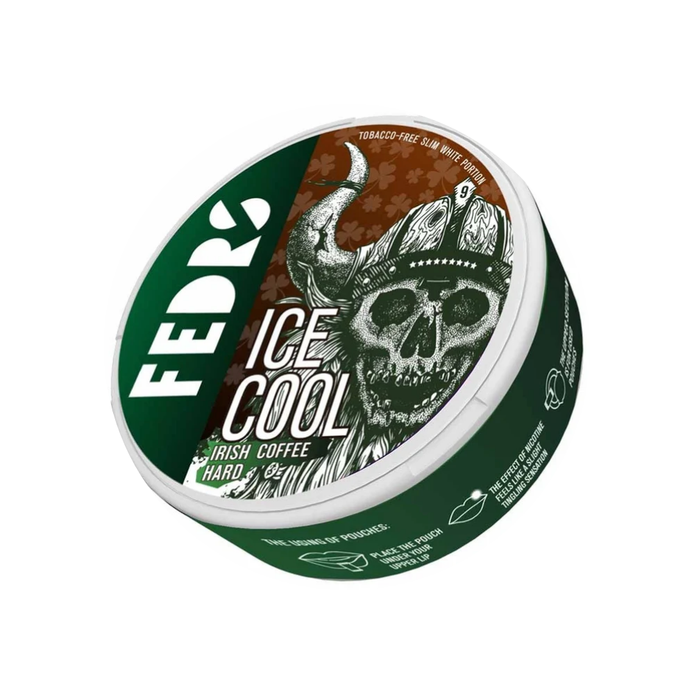 Front view of the Fedrs Irish Coffee Hard can featuring a skull design with green and brown colors.