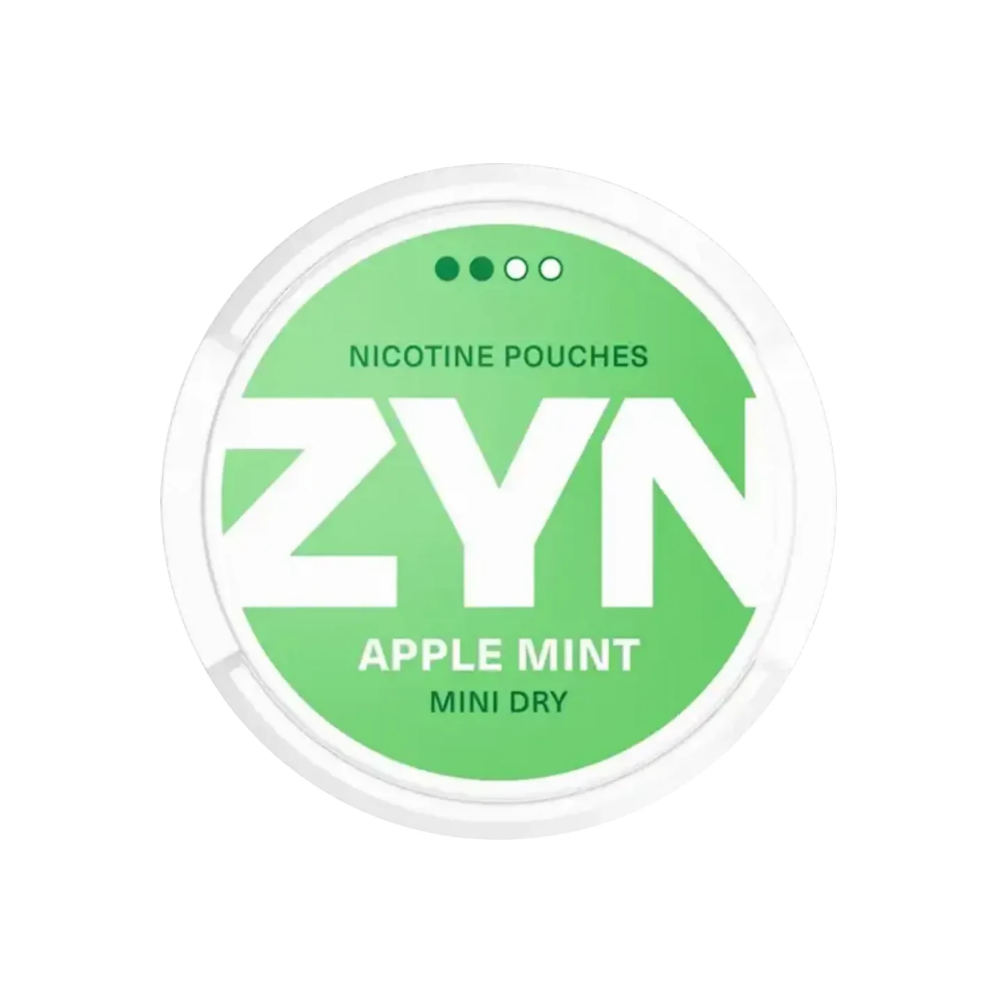 Detail close-up of ZYN Apple Mint nicotine pouch packaging with a circular container, bold text, and green accents.