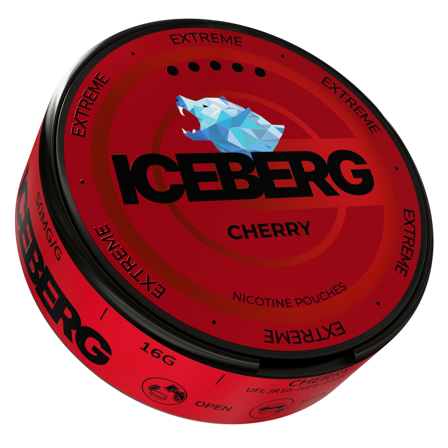 Side view of the Iceberg Cherry tin featuring bold text and brand logo against a transparent background.
