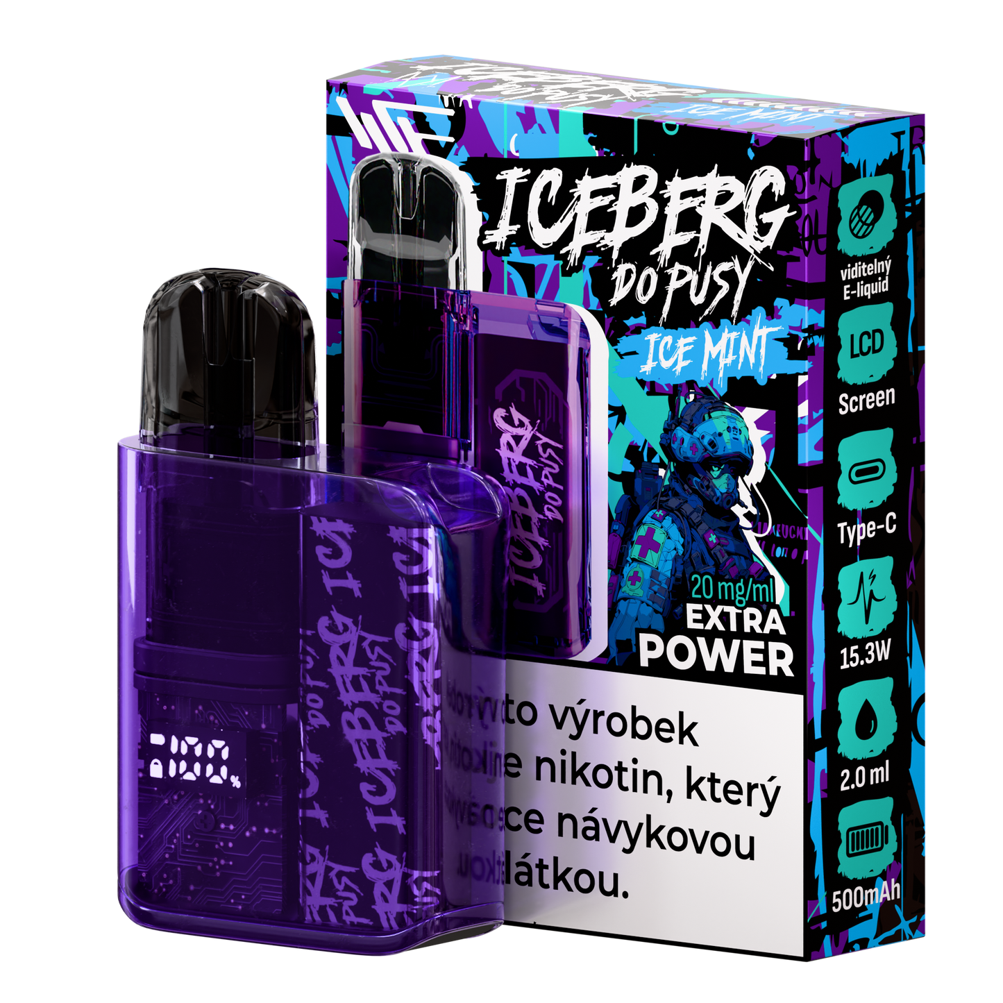 Packaging shot of a compact purple vape device with graphic design and clear tank.