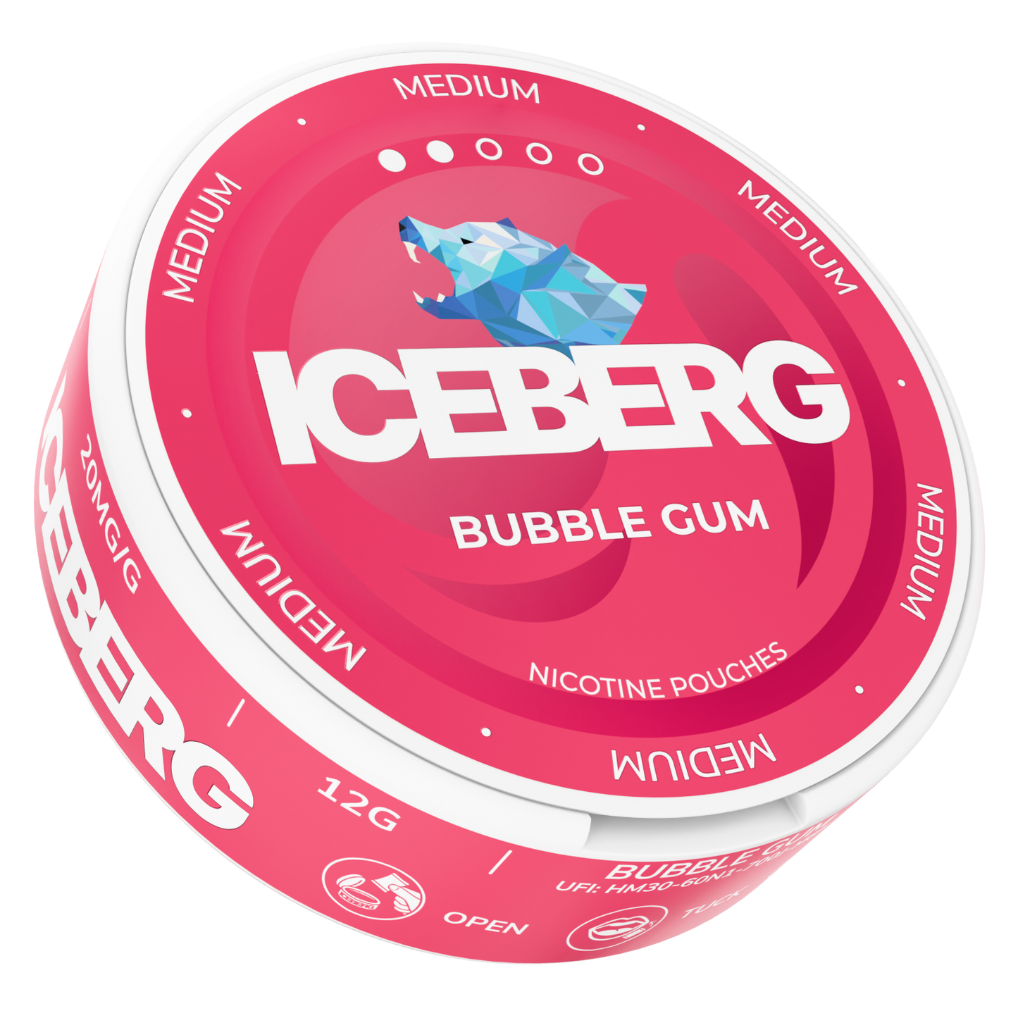 Front view of the pink and white candy container featuring vibrant graphics and bubble gum flavor.