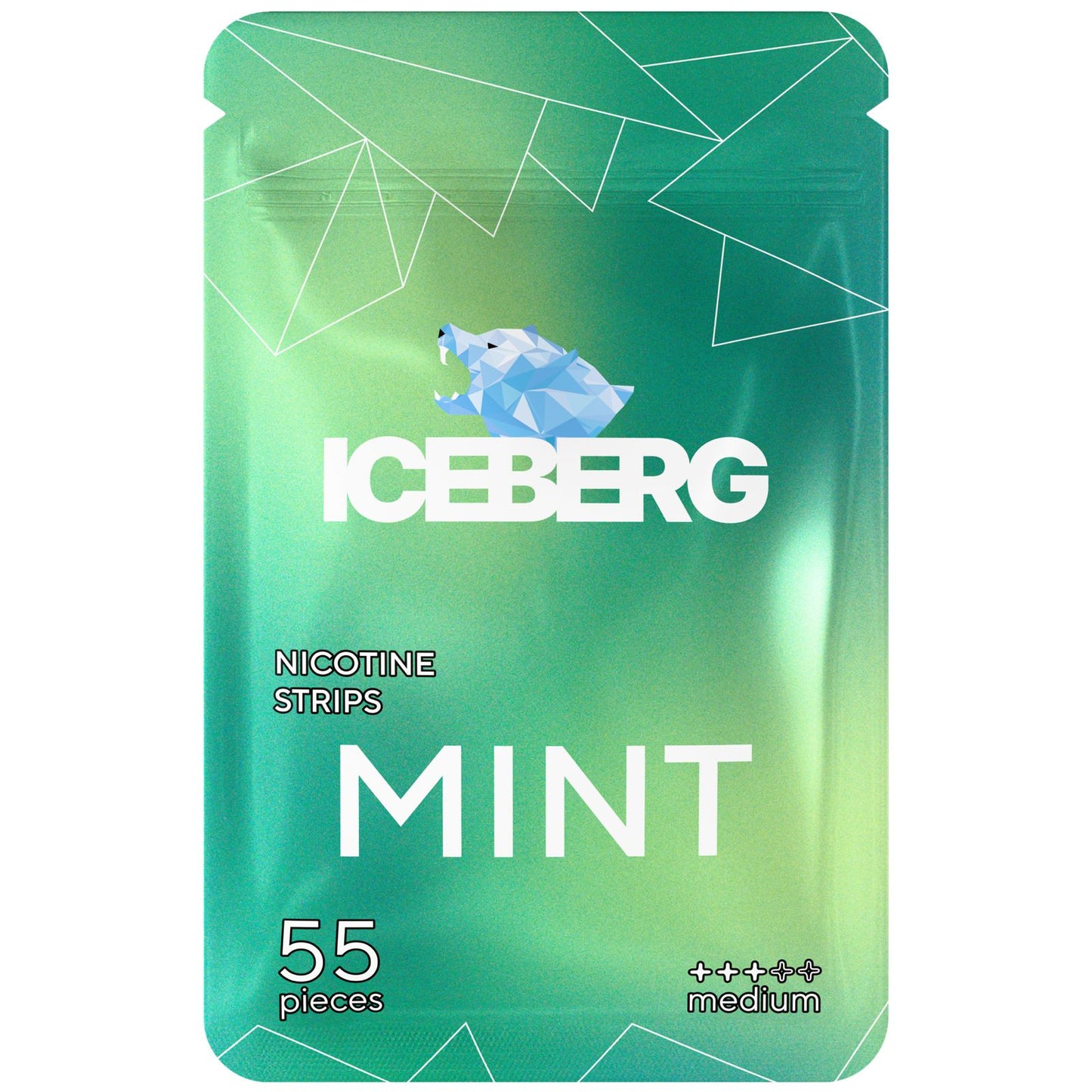Front view of the Ice Mint nicotine strips packaging in green and blue featuring the iceberg logo and resealable pouch