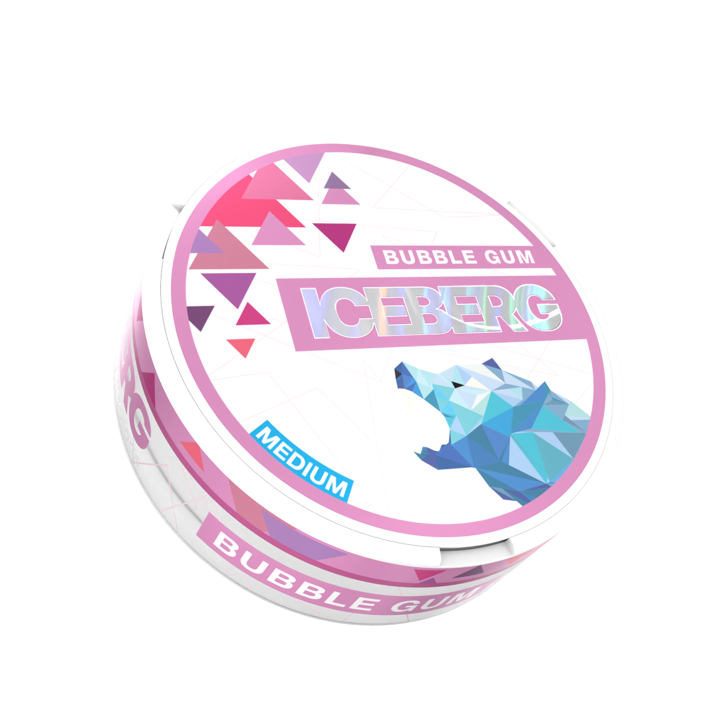 Front view of a round bubblegum pouch container featuring pink, white, and blue graphic design.
