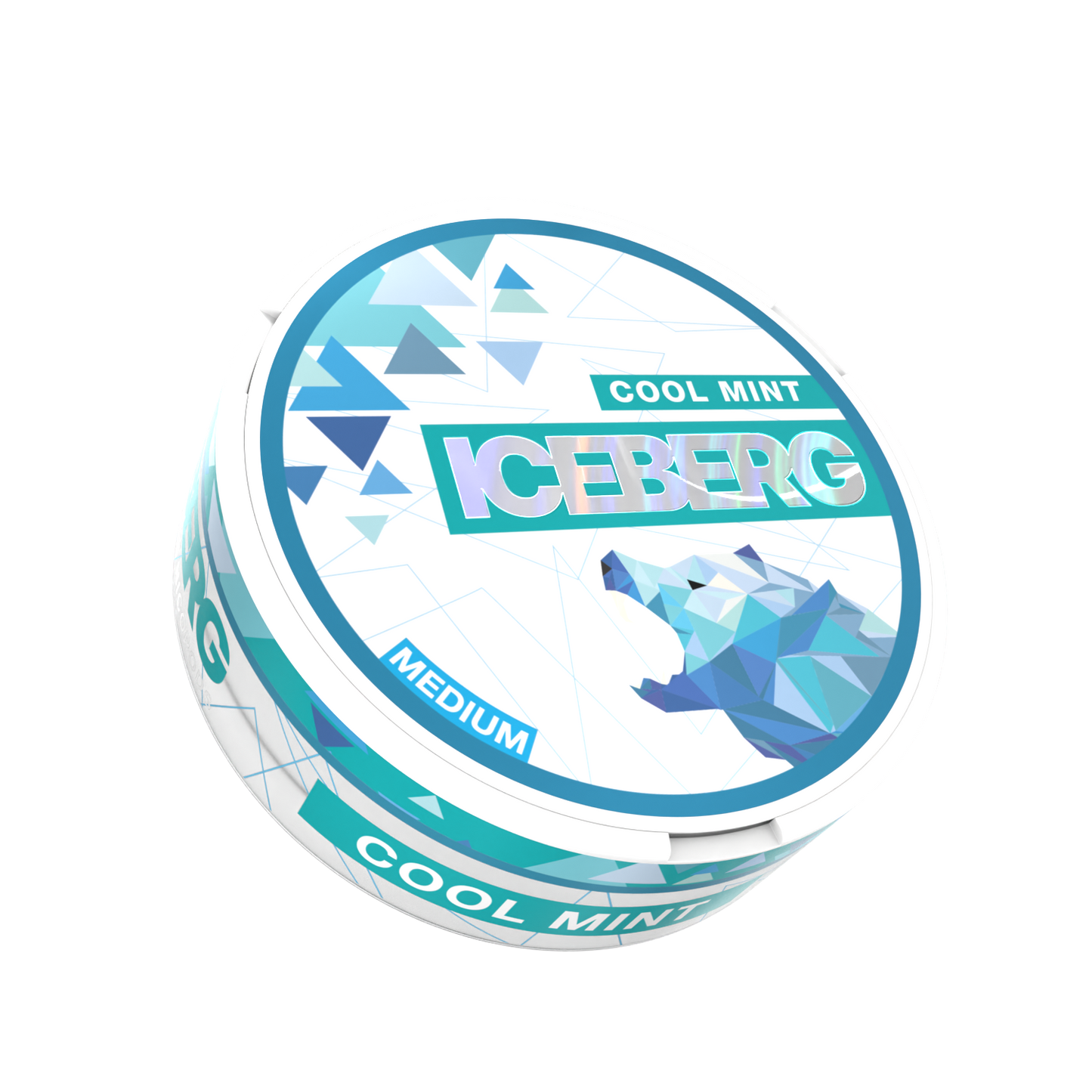 Front view of a circular mint container featuring a polar bear graphic in blue and turquoise colors.