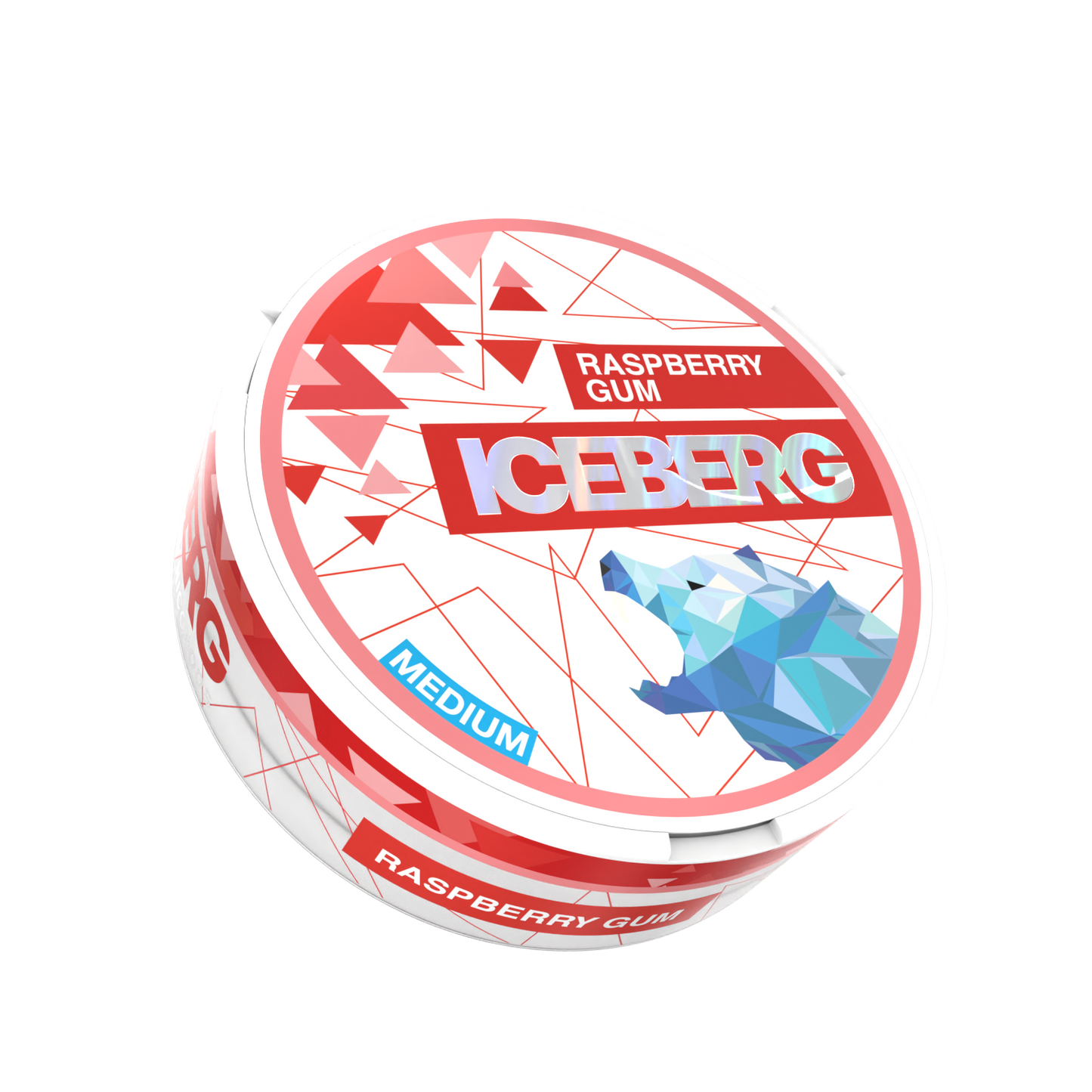 Front view of a circular gum container in red, white, and blue with a flavor label.