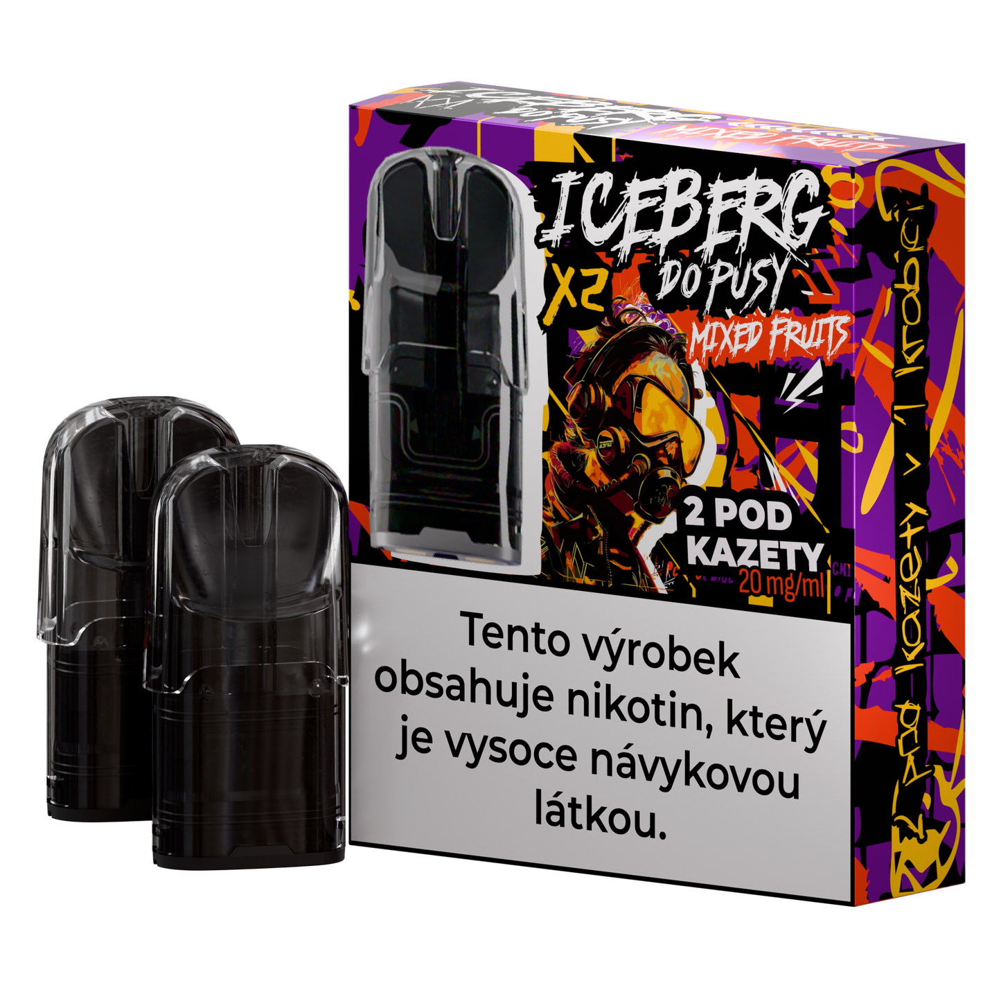 Colorful packaging of Iceberg Do Pusy Pods – Mixed Fruits featuring fruit illustrations on a black and purple background