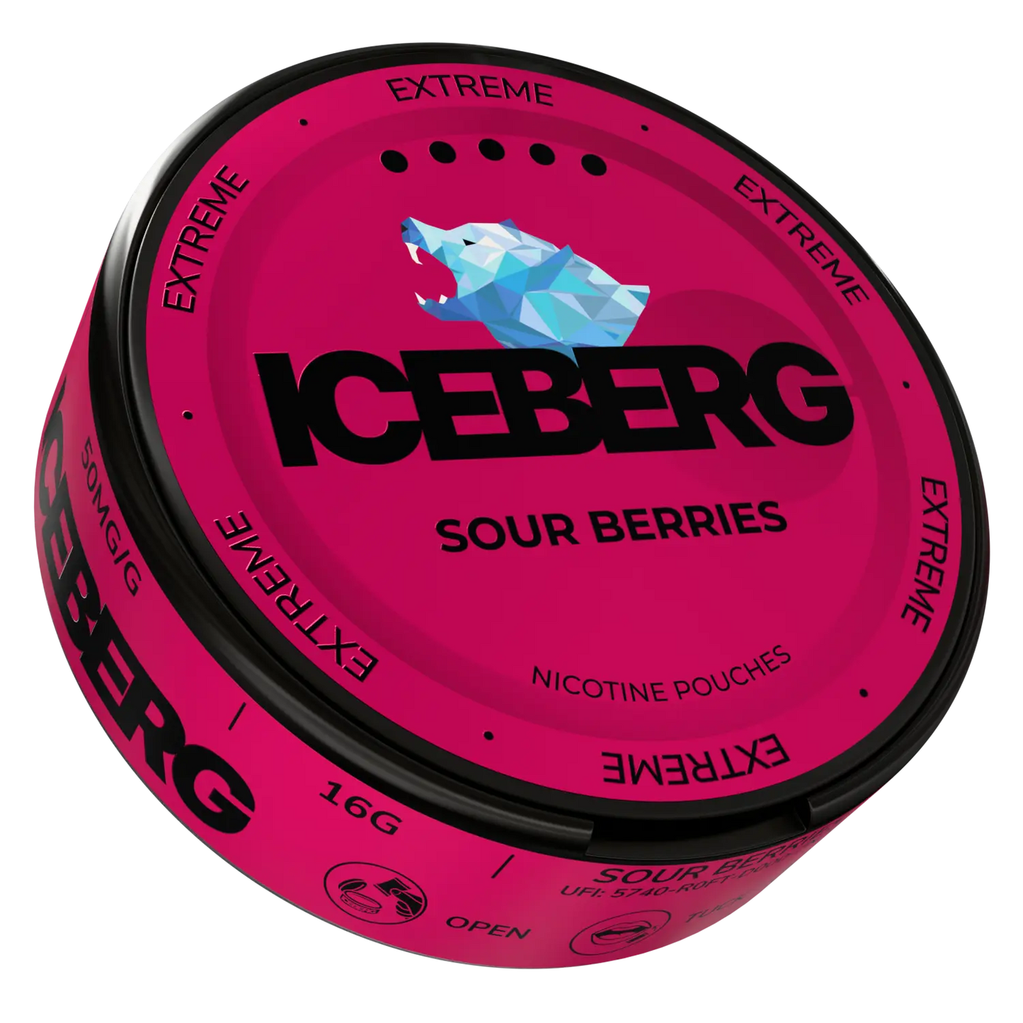 Side view of a circular tin of Iceberg Sour Berries featuring a pink and black flavor label.