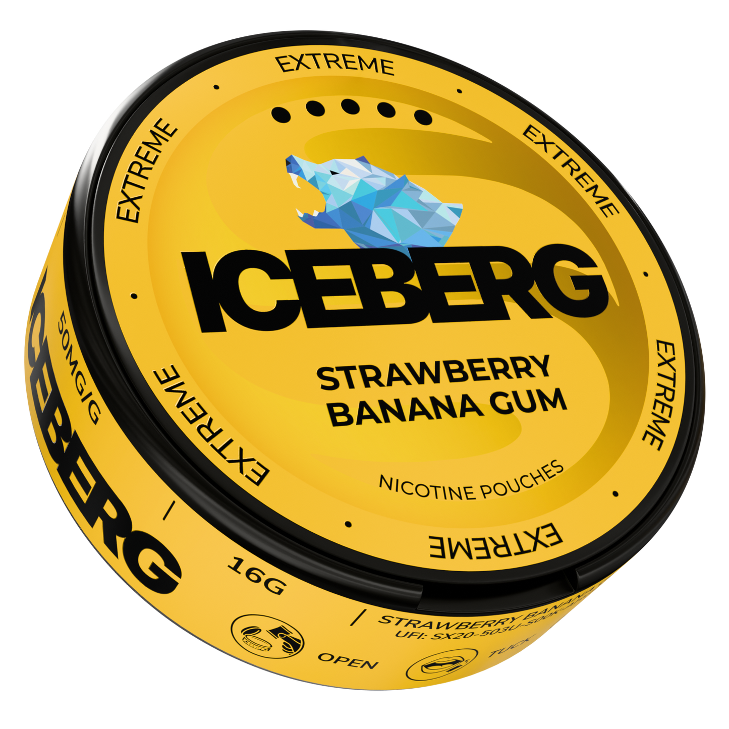 Side view of Iceberg Strawberry Banana Gum tin showing label text on a transparent background.