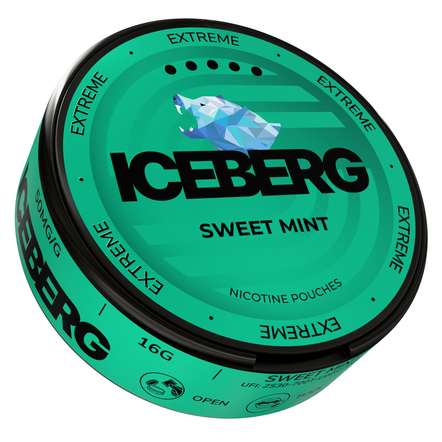 Side view of Iceberg Sweet Mint featuring bold text and brand logo against a transparent background.