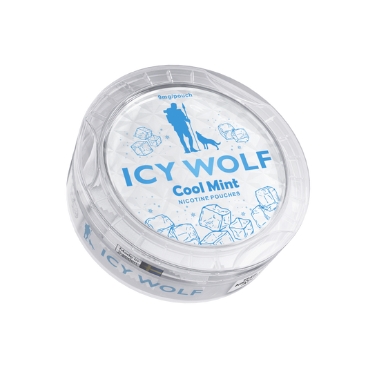 Detail close-up of Icy Wolf Cool Mint pouch in a circular blue and white container with decorative design.
