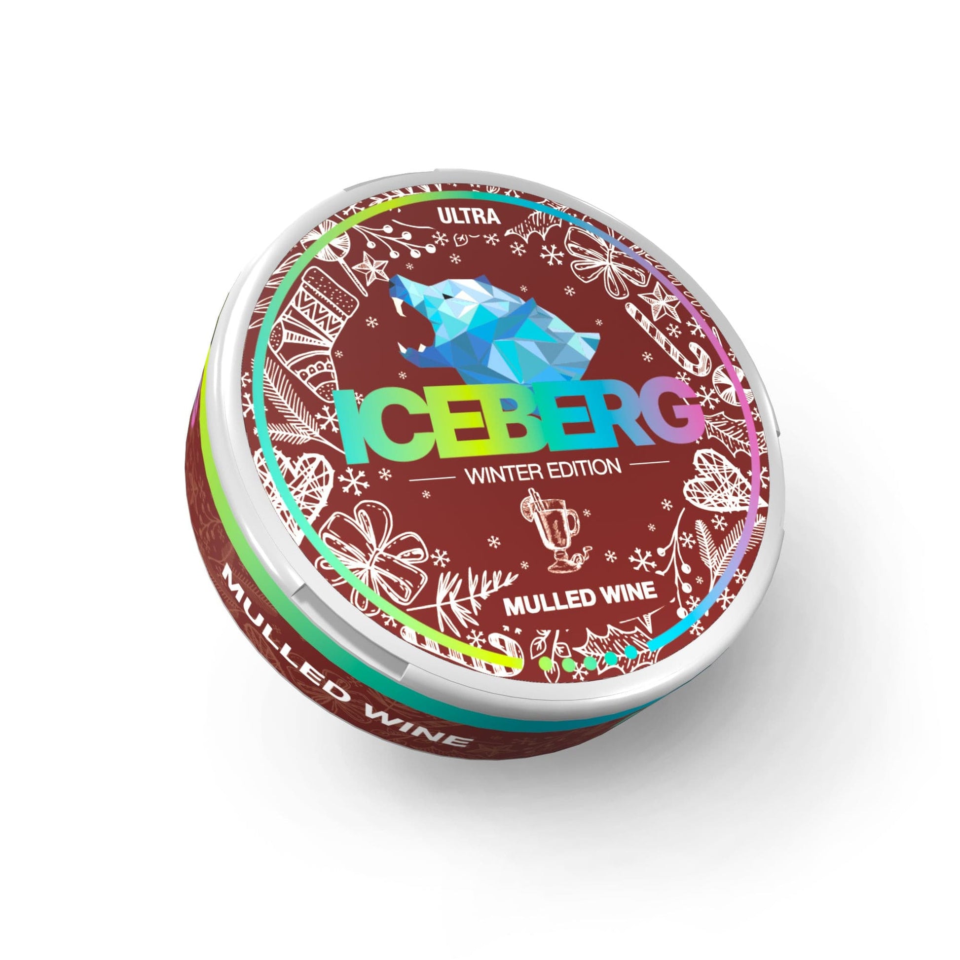 Circular container of Iceberg Mulled Wine snus featuring a colorful label on a white background