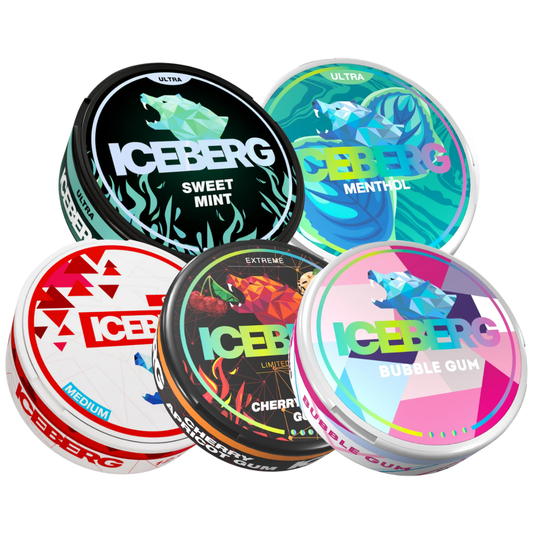 Colorful packaging of various Iceberg flavors in round tubs, showcasing black, white, blue, and pink colors on a white bac…