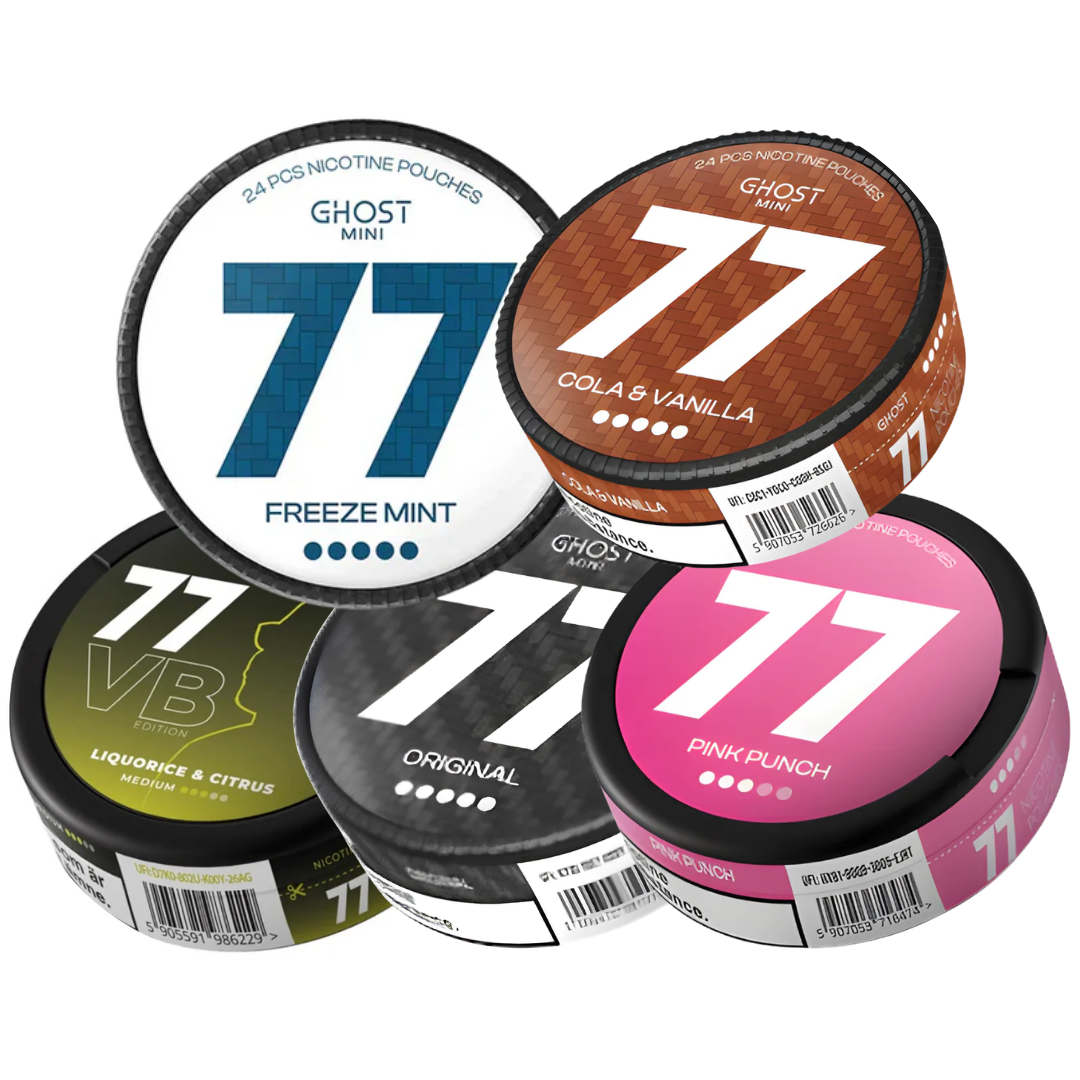 Front view of various flavored cans featuring number 77 on a white background, showcasing black, green, brown, and pink co…