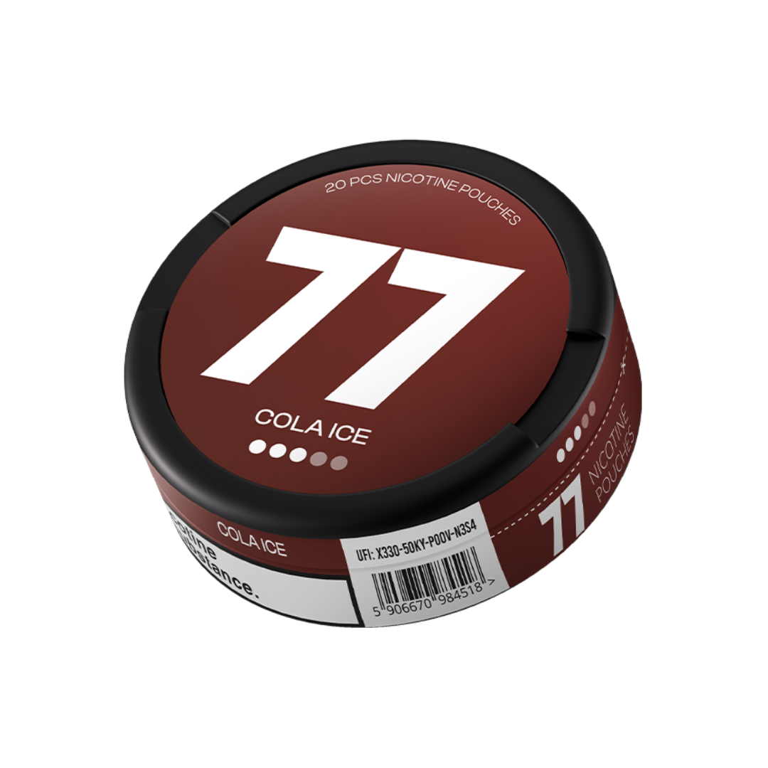 Side view of a circular brown and black can featuring the number 77 on a white background