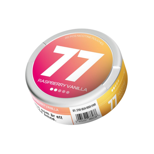 Detail close-up of the circular pink can featuring bold number 77 and gradient design on a white background