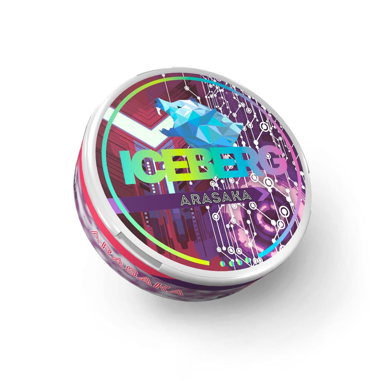 Detail close-up of colorful container featuring purple, blue, green, and white graphic design for Iceberg Arasaka.