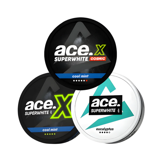 Front view of three containers of Ace Refreshing Mixpack in black, white, and green with logo design.