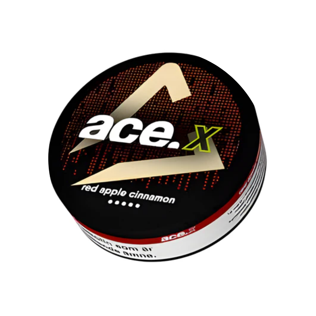 Detail close-up of the Ace X Red Apple Cinnamon snus can featuring a round design with a logo and flavor label in black, r…