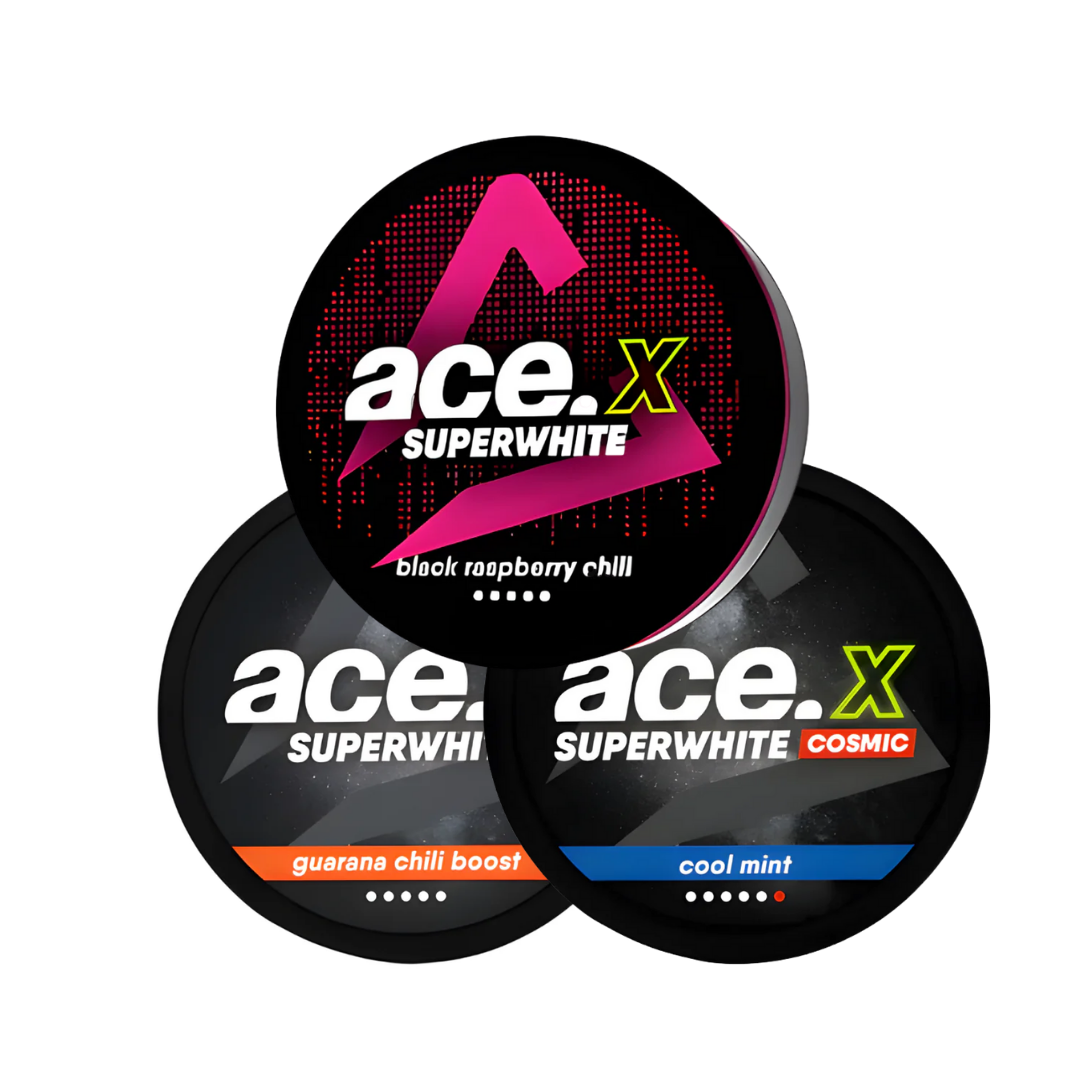 Front view of three circular containers in black, pink, and orange showcasing various bold flavors.