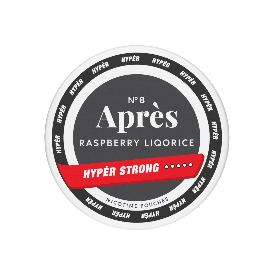 Detail close-up of the circular label design featuring black, red, and white colors with flavor description.
