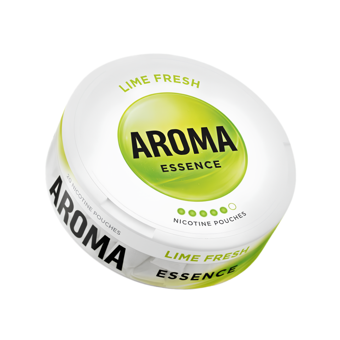 Detail close-up of a round AromaKing container in white and green featuring a lime flavor label.