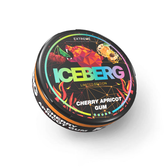 Packaging shot of Iceberg Cherry Apricot Gum tin featuring colorful fruit graphics on a white background.